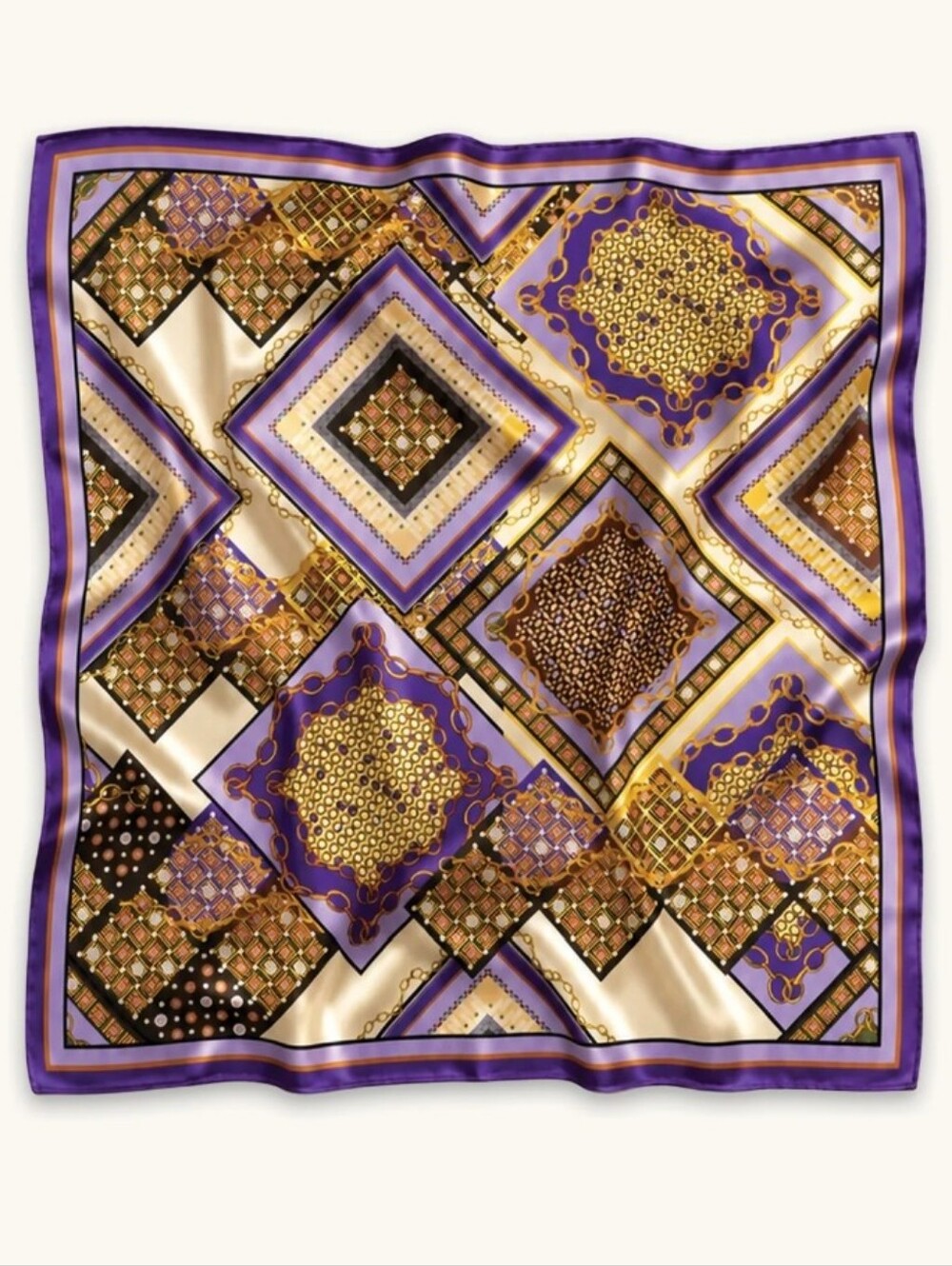 The Noli Shop Purple and Gold Riveria Chain Medallion Silk Square Scarf